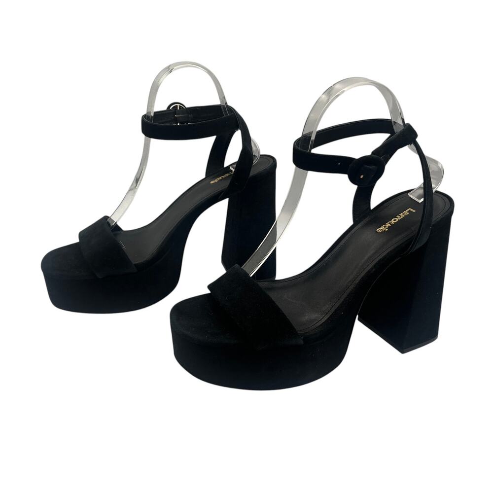 Larroude Platform Block Heels Sandals Dolly Suede Ankle Strap Black Size 9